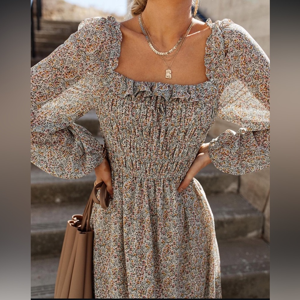 Smocked Floral Square-Neck Maxi Dress in Cream